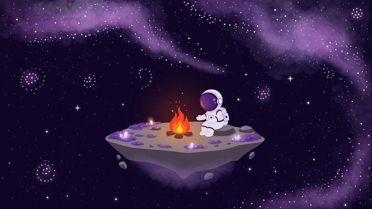 Hearth-generated image: a small astronaut by a campfire on a floating island in space